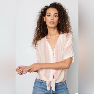 RAILS THEA SUNRISE STRIPE BUTTON DOWN TIE FRONT PASTEL SHORT SLEEVE VNECK TOP